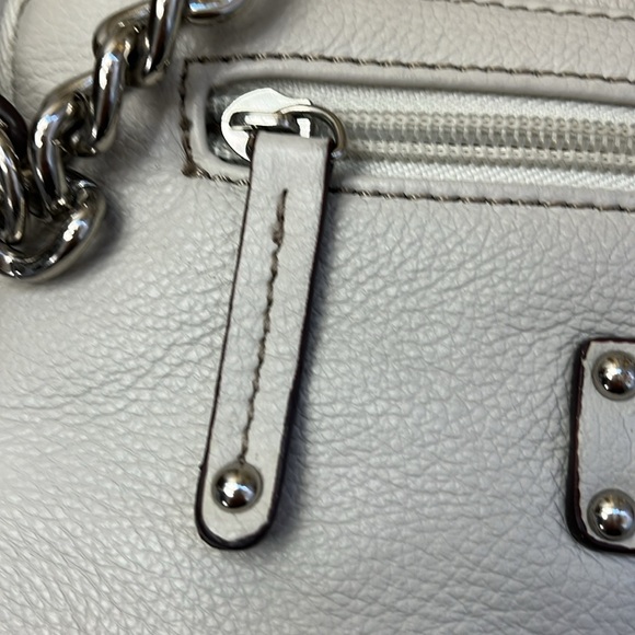 Tiganello Leather Crossbody Grey Zip Top Graphic Satin Lining Vintage SO CUTE - Picture 13 of 15